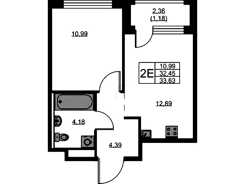 1-комнатная квартира 33.63 м², 5/9 эт., ЖК «GloraX Новоселье»
